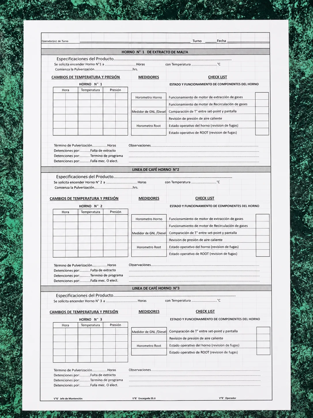 Formulario industrial de control de hornos, temperatura, presión y checklist